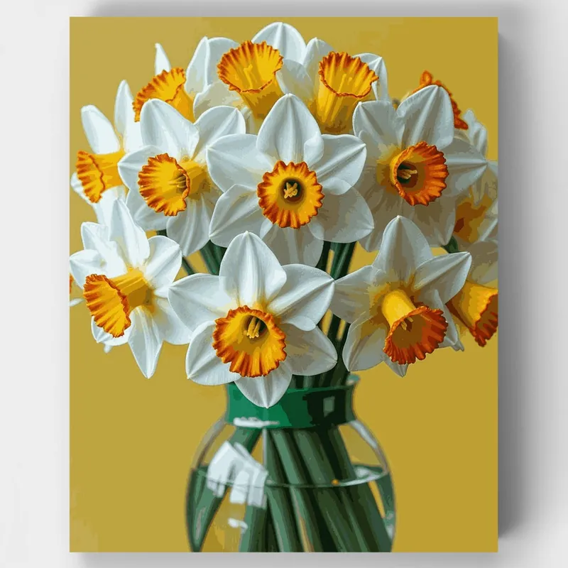 Garantía De Devolución De Dinero Narcisos Brillantes en Jarrón de Cristal - Kit de pintar por números - Lienzo Enrollado / 24 Colores