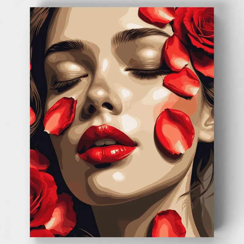 Última Versión Mujer con Pétalos de Rosa Roja - Kit de pintar por números - Lienzo Enrollado / 24 Colores