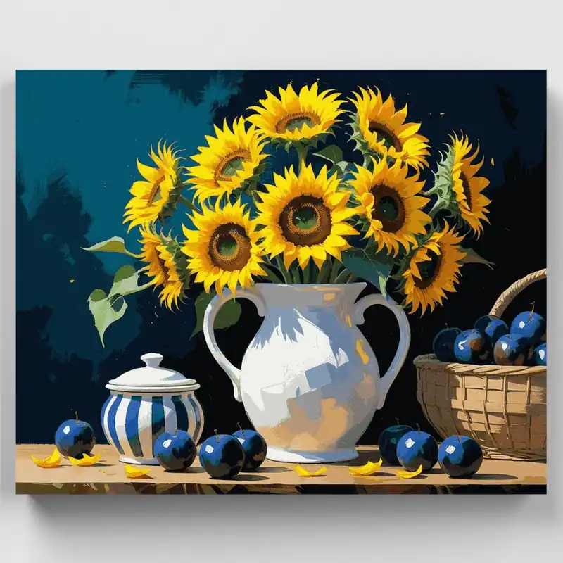 Garantía De Devolución De Dinero Naturaleza Muerta de Girasol con Ciruelas Azules - Kit de pintar por números - Lienzo Enrollado / 24 Colores