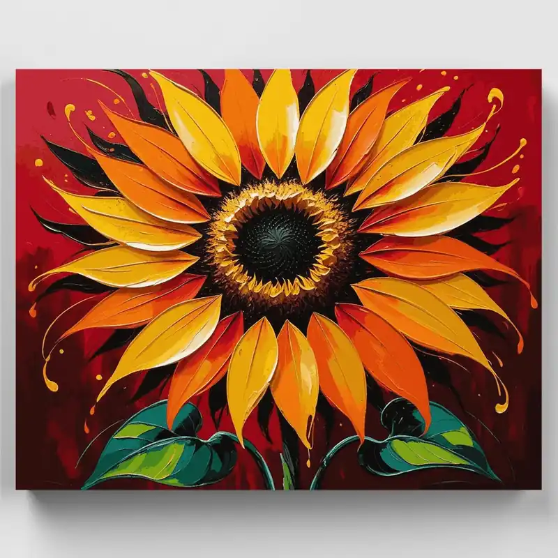 Tendencia Girasol Vibrante sobre Fondo Rojo - Kit de pintar por números - Lienzo Enrollado / 24 Colores