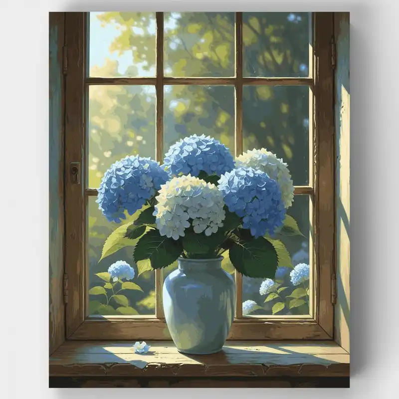 Últimas Unidades Hortensias Azules junto a la Ventana - Kit de pintar por números - Lienzo Enrollado / 24 Colores