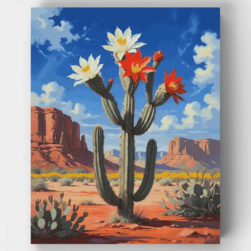 Cactus del Desierto en Flor - Kit de pintar por números - Lienzo Enrollado / 24 Colores Última Oportunidad