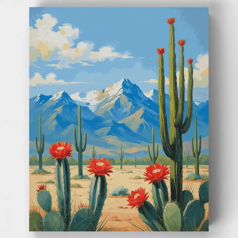 Flores de Cactus del Desierto - Kit de pintar por números - Lienzo Enrollado / 24 Colores Precio De Oferta