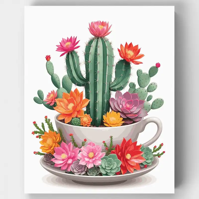 Exclusivo Jardín de Cactus Floreciente en Taza de Té - Kit de pintar por números - Lienzo Enrollado / 24 Colores