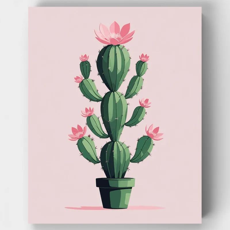 Cactus Rosa Floreciente en Maceta - Kit de pintar por números - Lienzo Enrollado / 24 Colores Oferta De Temporada