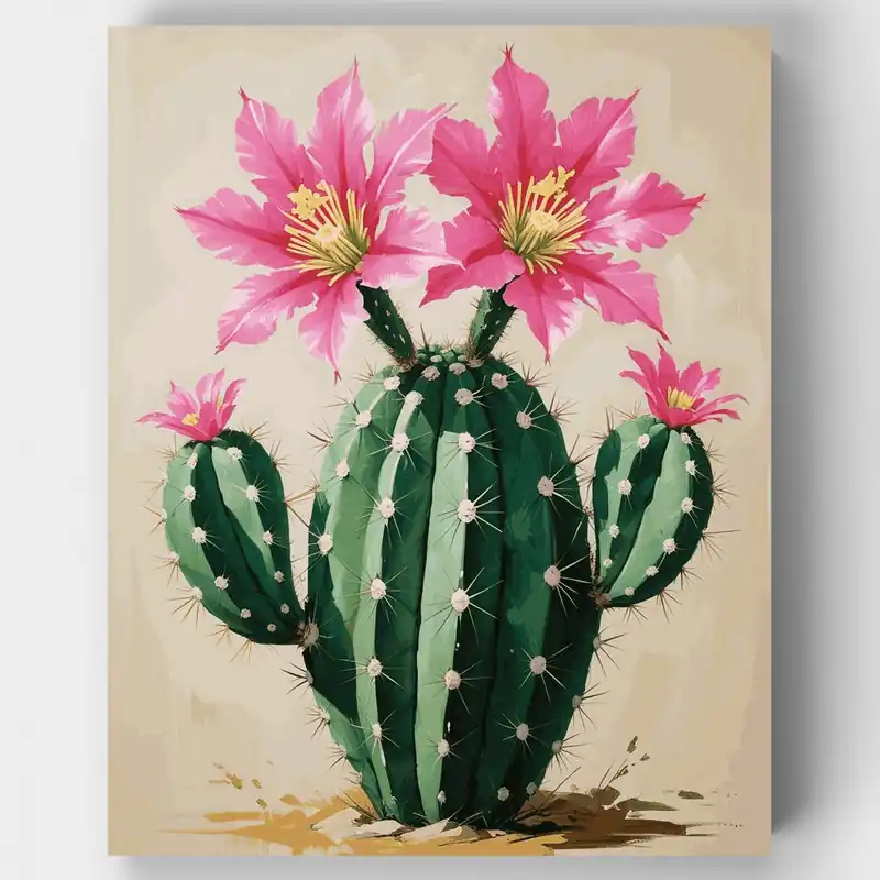 Económico Cactus Floreciente con Flores Rosas - Kit de pintar por números - Lienzo Enrollado / 24 Colores