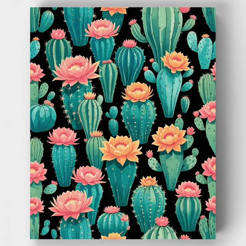 Kit de pintar por números - Patrón Paraíso de Cactus en Flor - Lienzo Enrollado / 24 Colores Favorito De Clientes