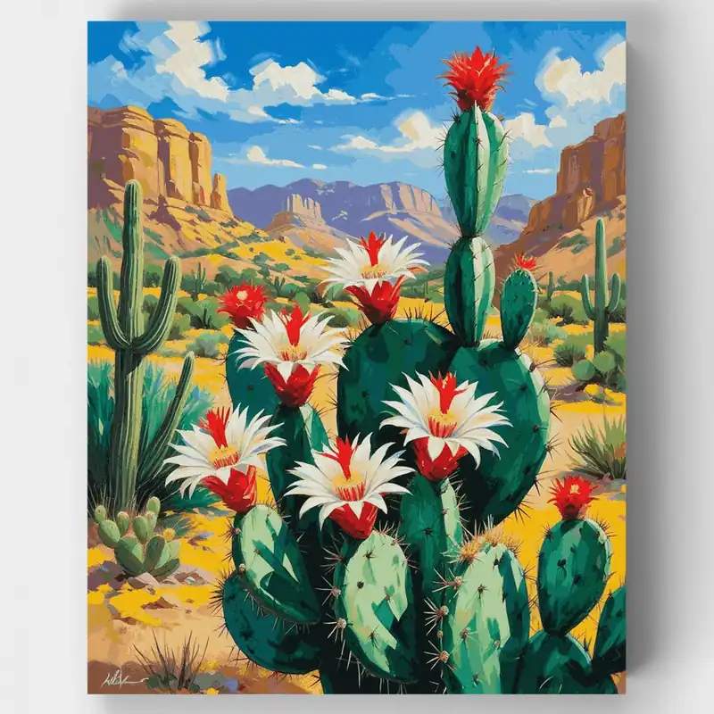 Alta Calidad Kit de pintar por números de Paisaje de Cactus del Desierto en Flor - Lienzo Enrollado / 24 Colores