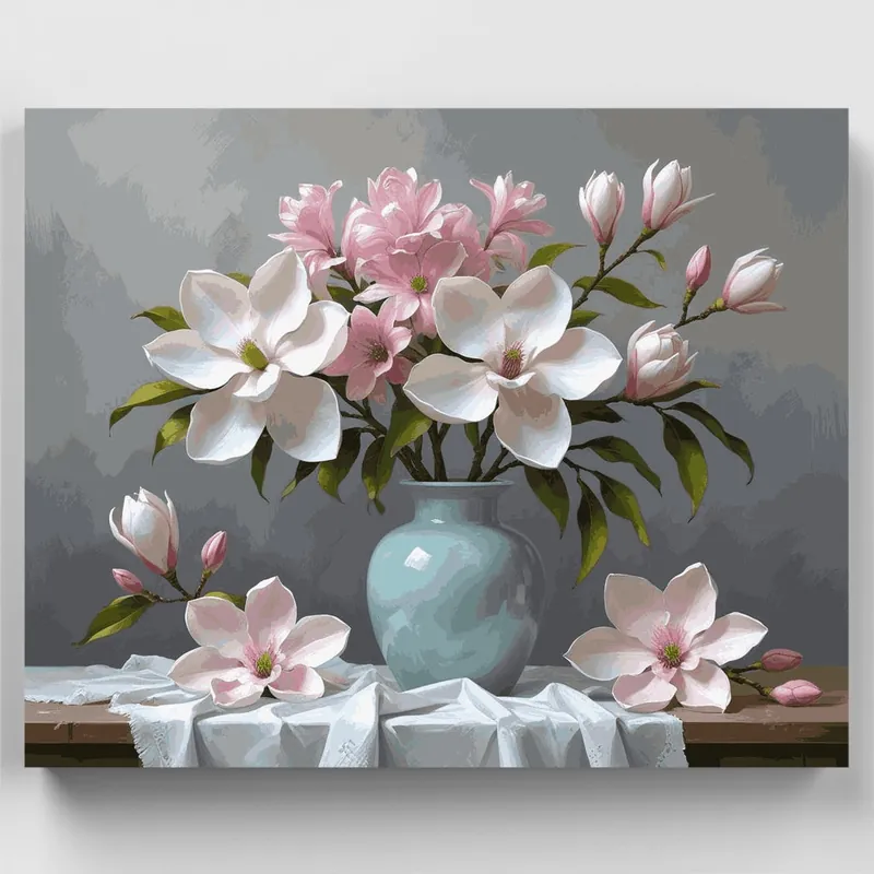 Elegante Naturaleza Muerta de Magnolia - Kit de pintar por números - Lienzo Enrollado / 24 Colores Certificado