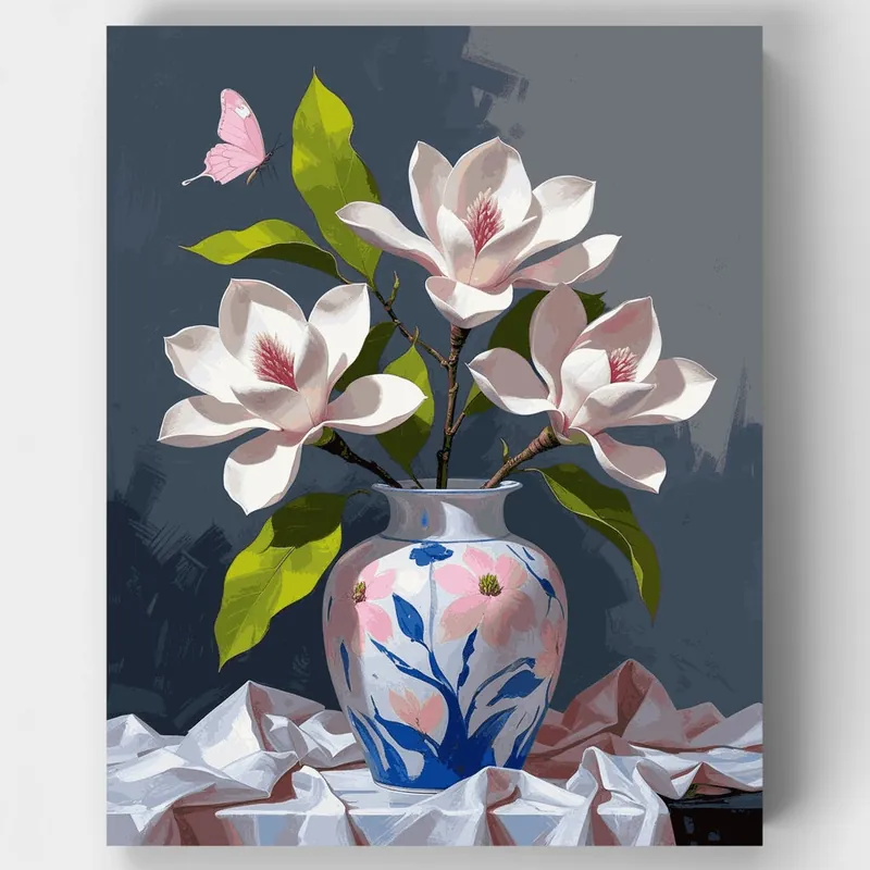 Flores de Magnolia en Jarrón Decorativo - Kit de pintar por números - Lienzo Enrollado / 24 Colores Precio Económico