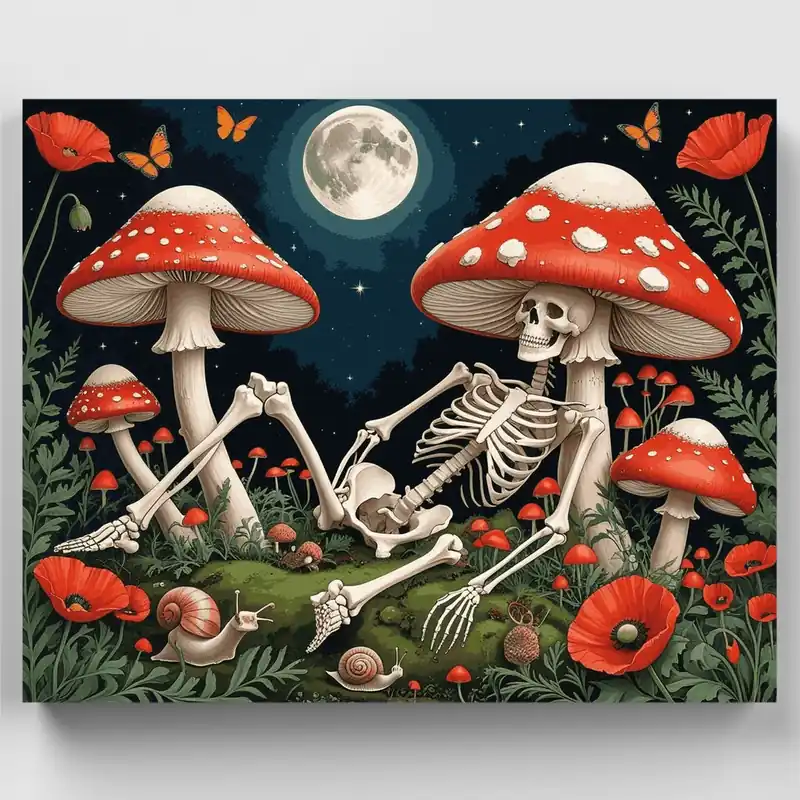 Kit de pintar por números Jardín de Esqueletos de Hongos Místicos - Lienzo Enrollado / 24 Colores Mejor Calidad