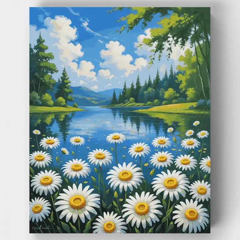 De Moda Paisaje del Lago Daisy - Kit de pintar por números - Lienzo Enrollado / 24 Colores