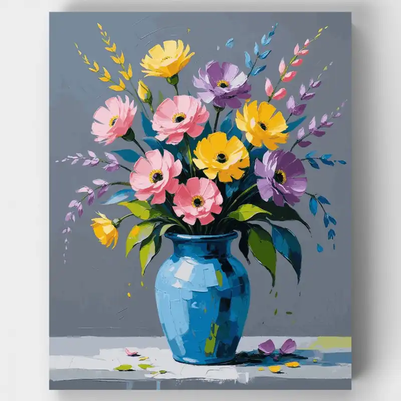 Hecho A Mano Ramo Floral Vibrante en Jarrón Azul - Kit de pintar por números - Lienzo Enrollado / 24 Colores