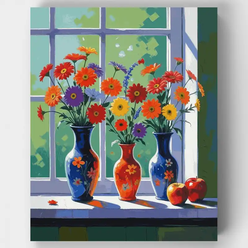 Kit de pintar por números Ramo Vibrante de Jardín en Ventana - Lienzo Enrollado / 24 Colores Promoción Exclusiva