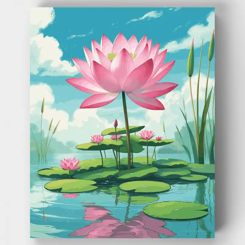 Serenidad del Estanque de Loto - Kit de pintar por números - Lienzo Enrollado / 24 Colores Artesanal