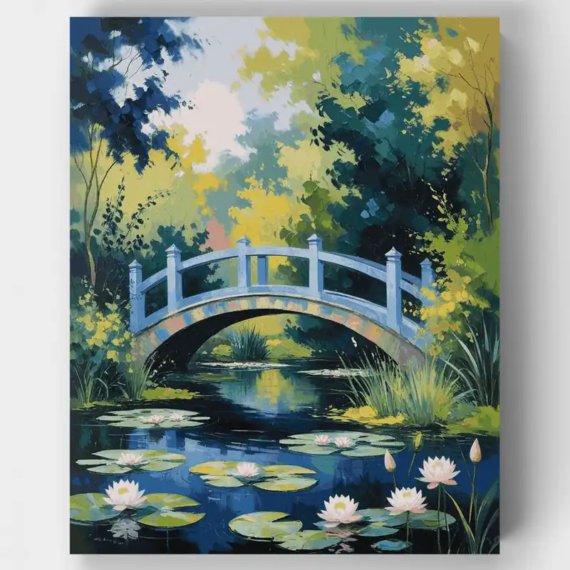Promoción Exclusiva Puente de Jardín Sereno con Nenúfares - Kit de pintar por números - Lienzo Enrollado / 24 Colores
