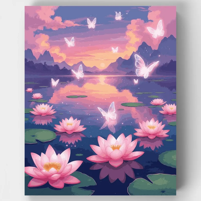 Estanque de Loto Mágico con Mariposas - Kit de pintar por números - Lienzo Enrollado / 24 Colores Ocasión Especial