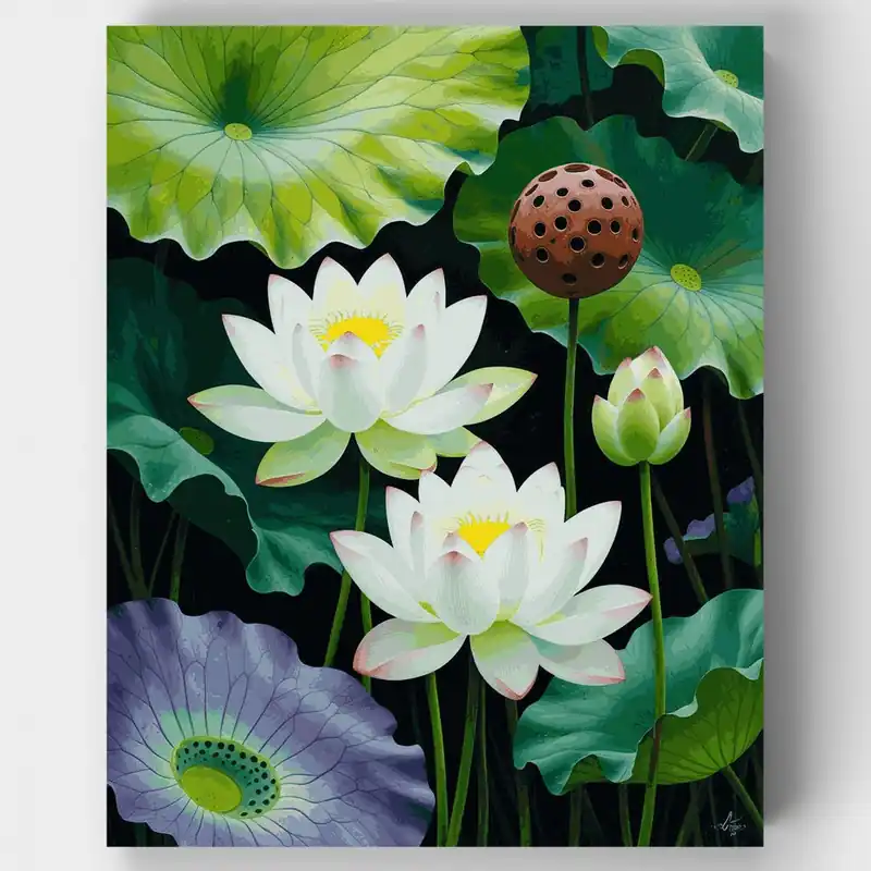 Venta Final Flores de Loto con Nenúfares - Kit de pintar por números - Lienzo Enrollado / 24 Colores