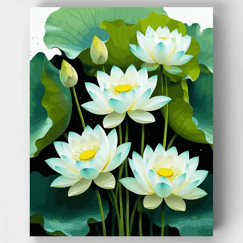 Flores de Loto Blancas con Hojas Verdes Grandes - Kit de pintar por números - Lienzo Enrollado / 24 Colores Gran Oferta