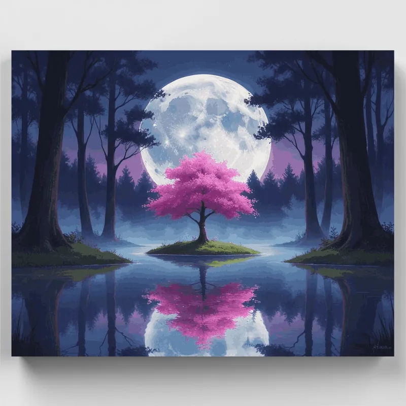 Compra Ahora Isla de Cerezos en Flor a la Luz de la Luna - Kit de pintar por números - Lienzo Enrollado / 24 Colores