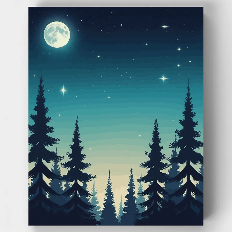Kit de pintar por números Bosque Iluminado por la Luna Cielo Nocturno - Lienzo Enrollado / 24 Colores Liquidación