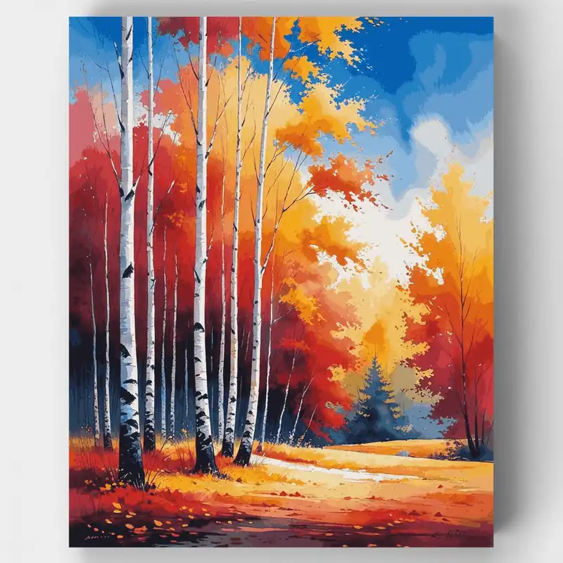 Premium Kit de pintar por números de Paisaje Vibrante de Bosque de Abedules en Otoño - Lienzo Enrollado / 24 Colores