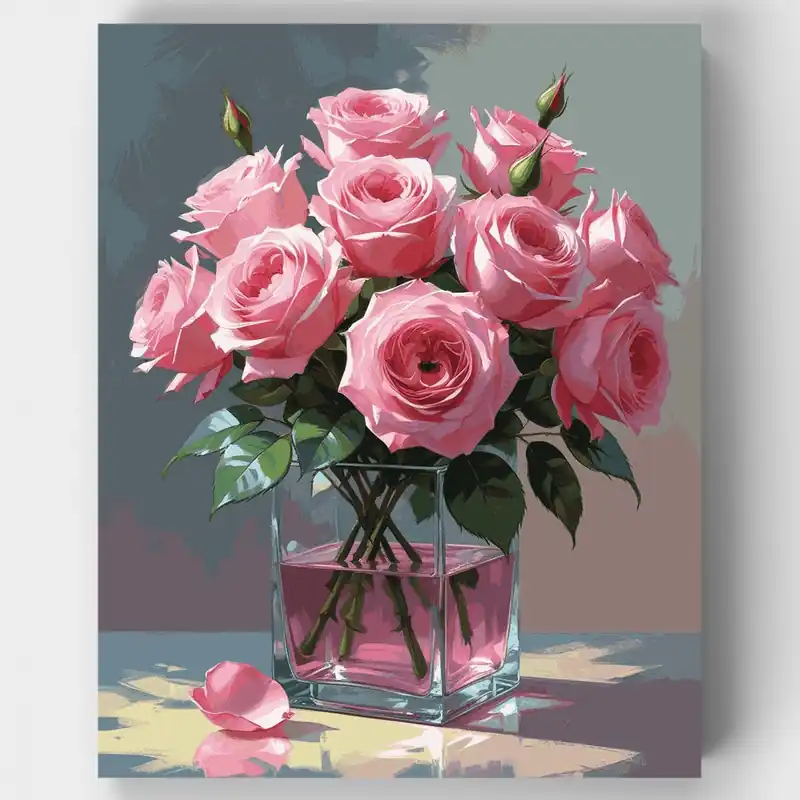 Rosas Rosadas Románticas en Jarrón de Cristal - Kit de pintar por números - Lienzo Enrollado / 24 Colores Oferta
