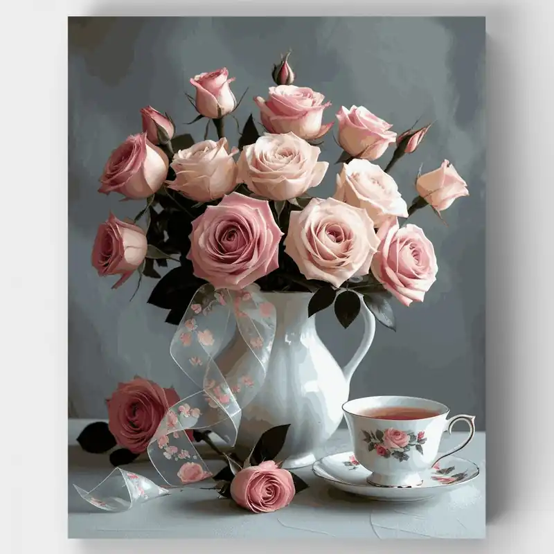 Rosas Rosadas Hora del Té Naturaleza Muerta - Kit de pintar por números - Lienzo Enrollado / 24 Colores Alta Calidad