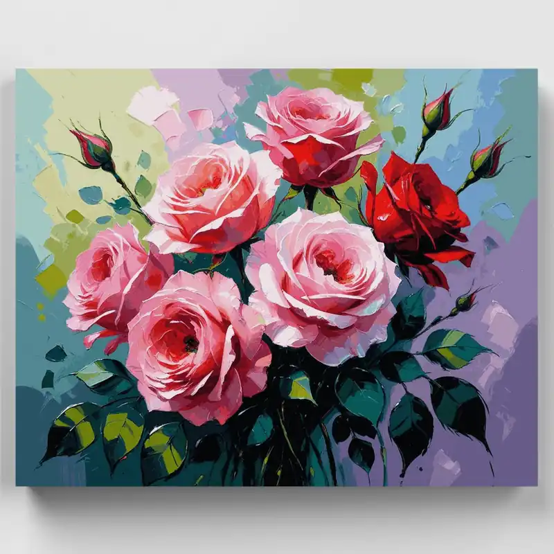 Ramo de Rosas Rosas y Rojas - Kit de pintar por números - Lienzo Enrollado / 24 Colores Precio Rebajado