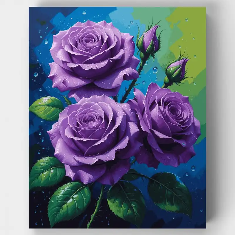 Rosas Moradas con Gotas de Agua - Kit de pintar por números - Lienzo Enrollado / 24 Colores Económico