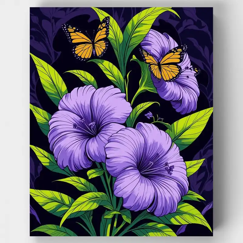 Hibisco Tropical con Mariposas Monarca - Kit de pintar por números - Lienzo Enrollado / 24 Colores Máxima Calidad