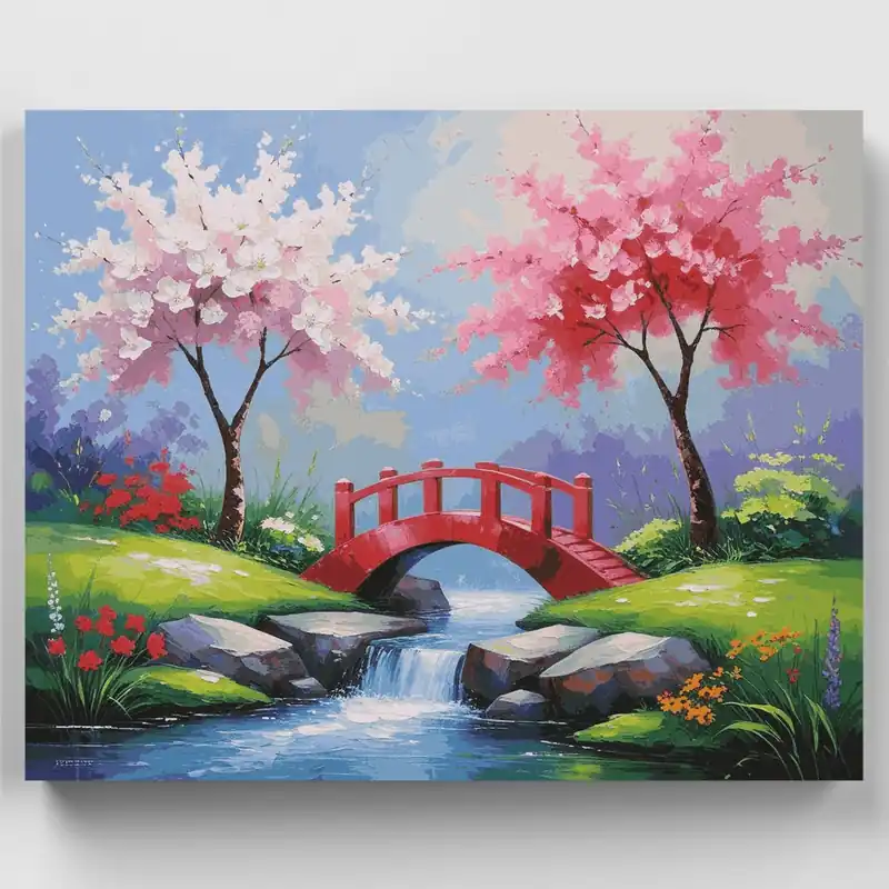 Exclusivo Kit de pintar por números Jardín del Puente de Cerezos en Flor - Lienzo Enrollado / 24 Colores