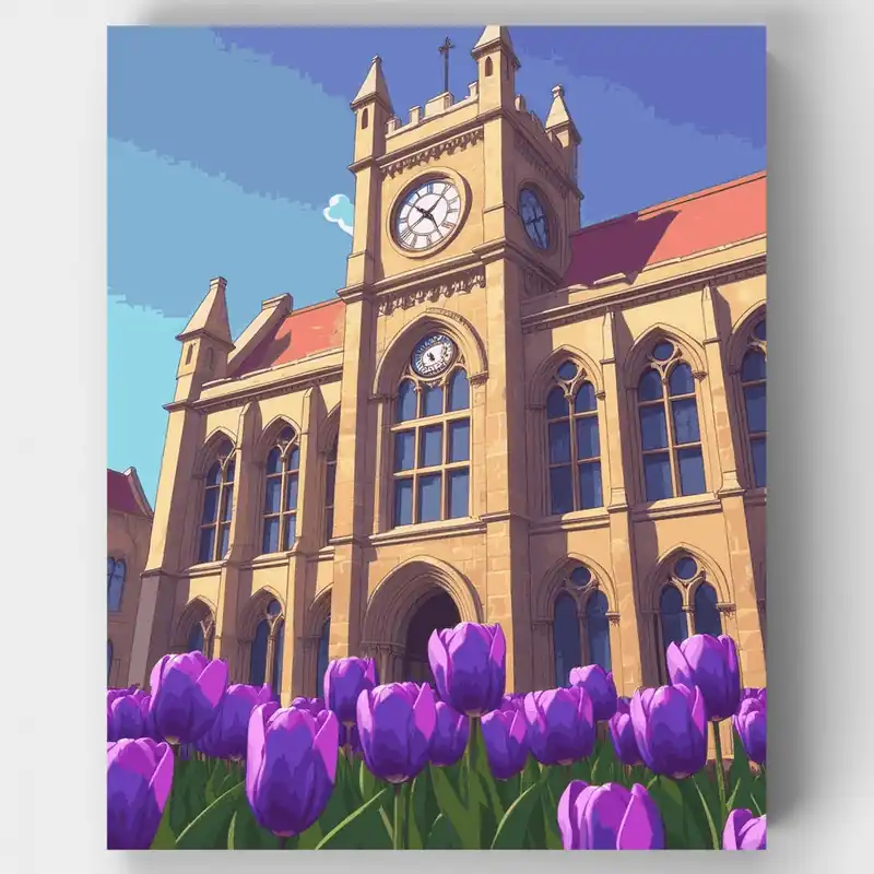 Envío Exprés Catedral Gótica con Tulipanes Morados - Kit de pintar por números - Lienzo Enrollado / 24 Colores