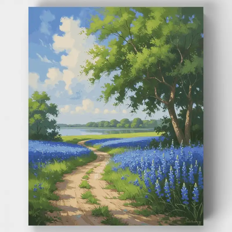 Gran Oferta Sendero de Bluebonnet a Través de Prado Primaveral - Kit de pintar por números - Lienzo Enrollado / 24 Colores