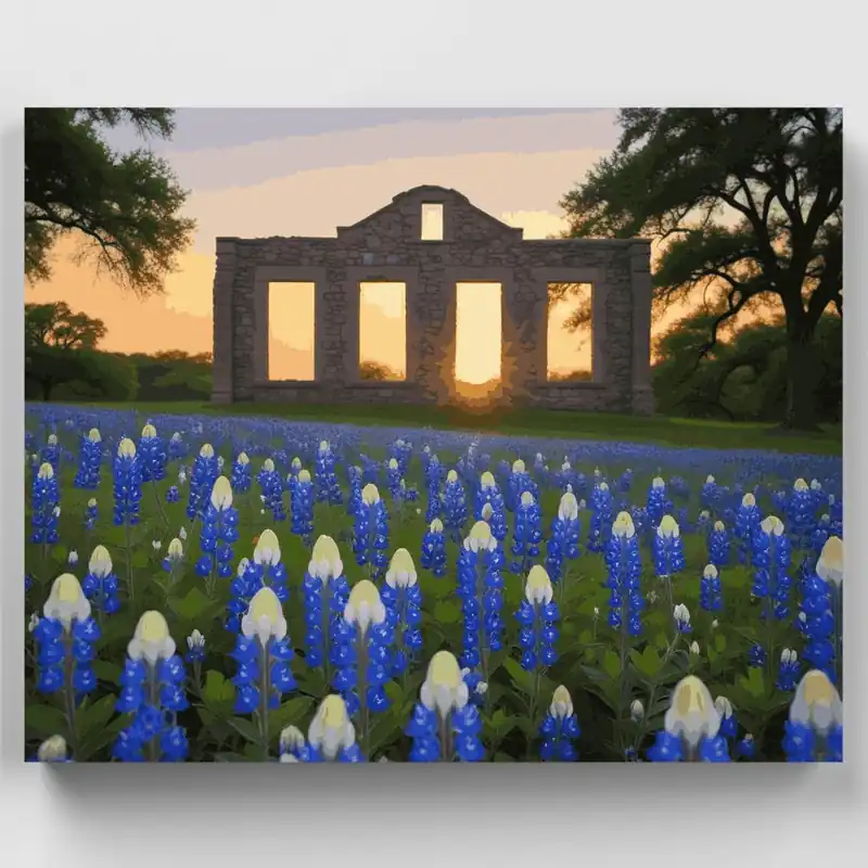 Premium Bluebonnets y Ruinas de Piedra al Atardecer - Kit de pintar por números - Lienzo Enrollado / 24 Colores