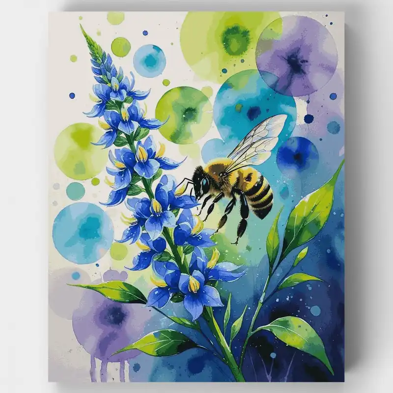 Promoción Abeja y Flores Silvestres de Altramuz Azul - Kit de pintar por números - Lienzo Enrollado / 24 Colores