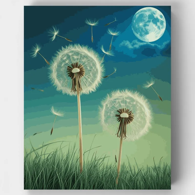 Stock Limitado Dientes de León a la Luz de la Luna - Kit de pintar por números - Lienzo Enrollado / 24 Colores