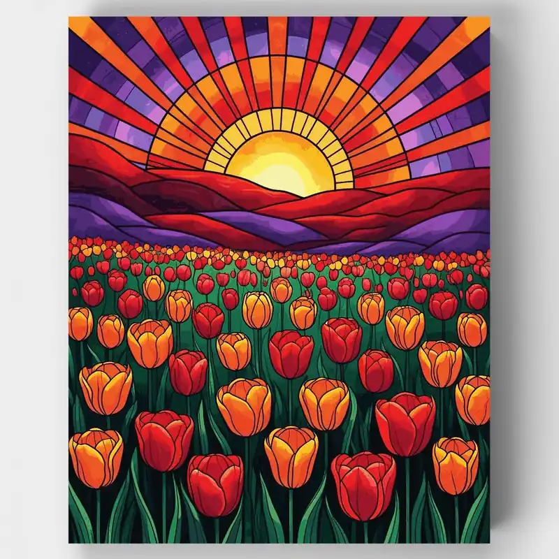 Kit de pintar por números Campo de Tulipanes Vitral al Atardecer - Lienzo Enrollado / 24 Colores Envío Exprés