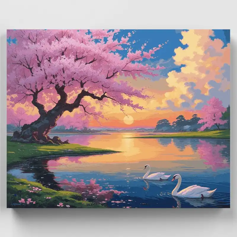 Directo De Fábrica Kit de pintar por números Lago al Atardecer con Cerezos en Flor y Cisnes - Lienzo Enrollado / 24 Colores