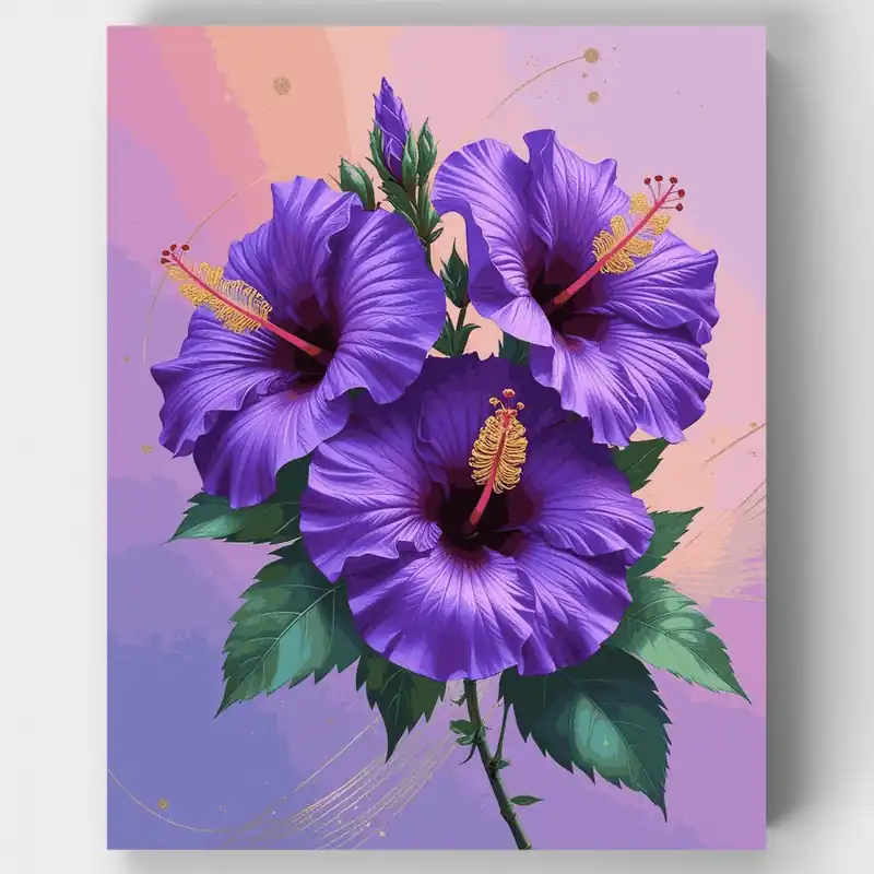 Exclusivo Flores de Hibisco Moradas - Kit de pintar por números - Lienzo Enrollado / 24 Colores