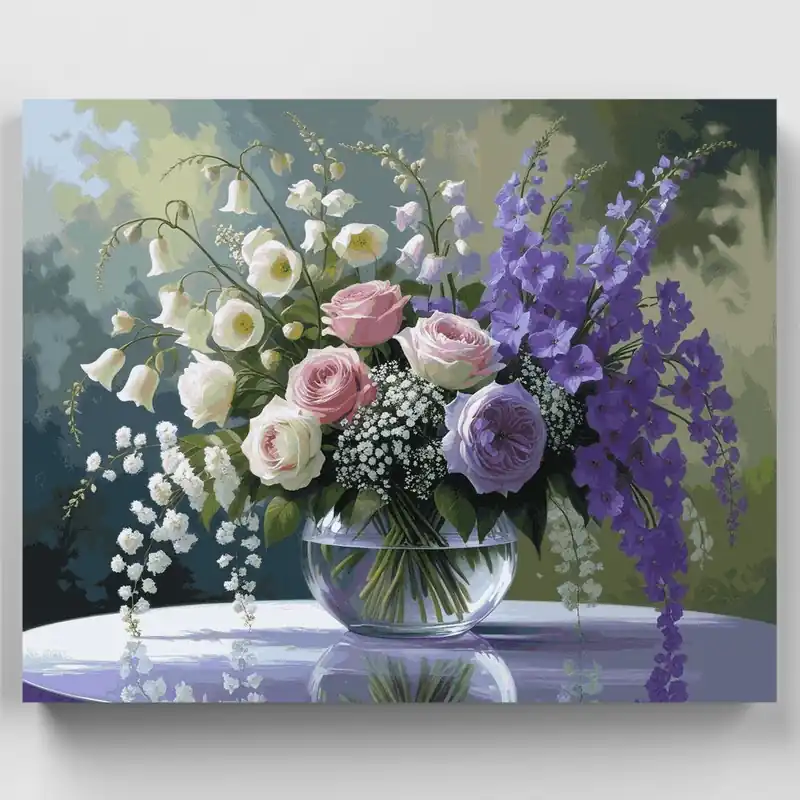 Ramo de Flores Mixtas en Jarrón de Cristal - Kit de pintar por números - Lienzo Enrollado / 24 Colores Original