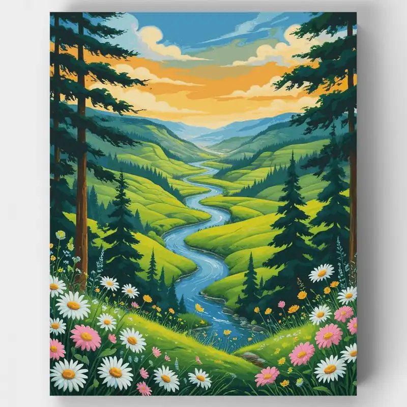 Valle de Montaña con Río Paisaje - Kit de pintar por números - Lienzo Enrollado / 24 Colores Económico