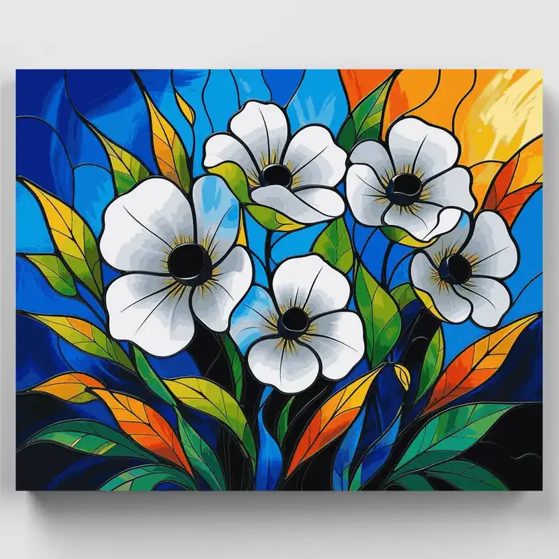 Kit de pintar por números Flores Blancas de Vitral - Lienzo Enrollado / 24 Colores Súper Precio