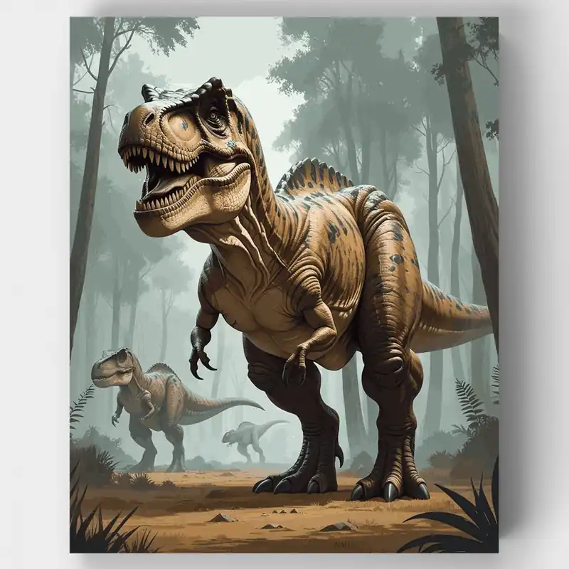 Tiranosaurio Rex Escena del Bosque - Kit de pintar por números - Lienzo Enrollado / 24 Colores Gran Oferta