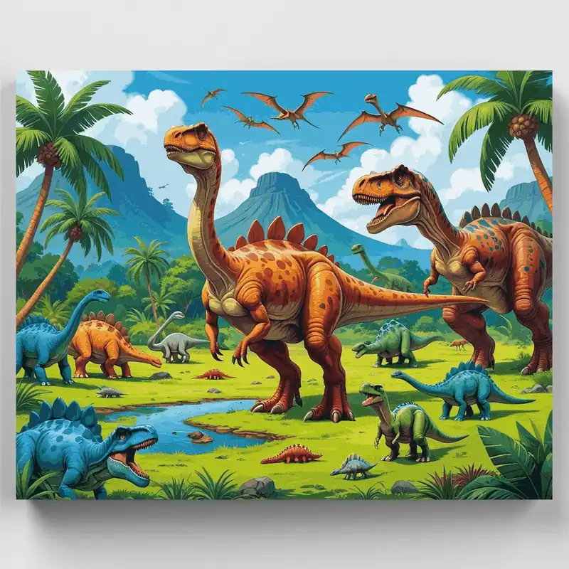 Paraíso de Dinosaurios - Kit de pintar por números - Lienzo Enrollado / 24 Colores Premium