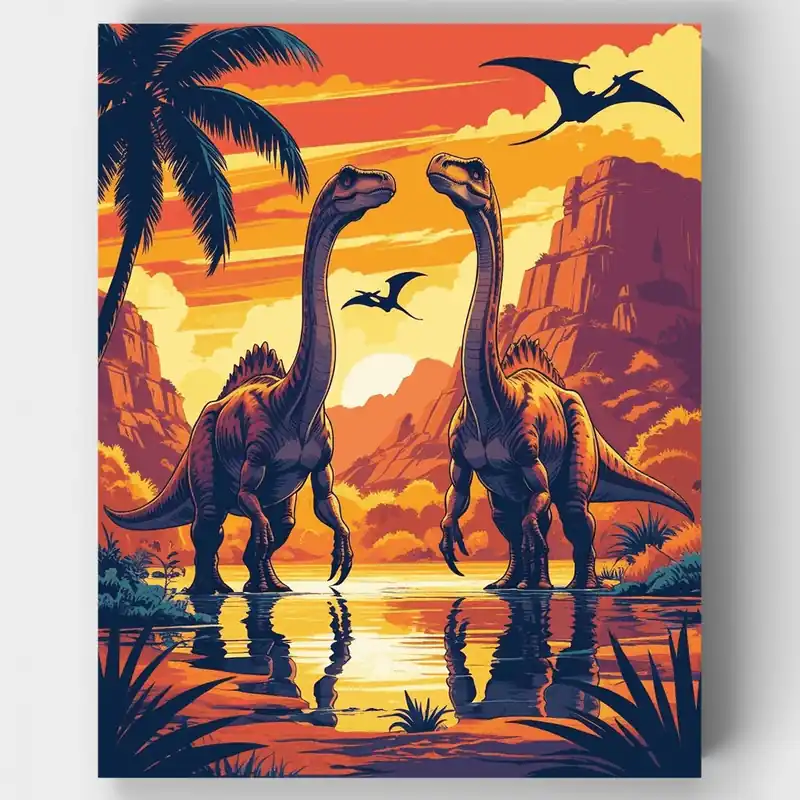 Exclusivo Dinosaurios del Atardecer Prehistórico - Kit de pintar por números - Lienzo Enrollado / 24 Colores