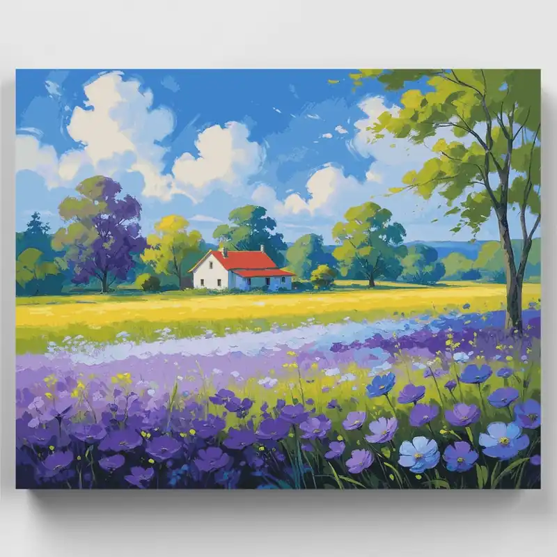 Casa de Campo con Flores Silvestres Moradas - Kit de pintar por números - Lienzo Enrollado / 24 Colores Mejor Calidad