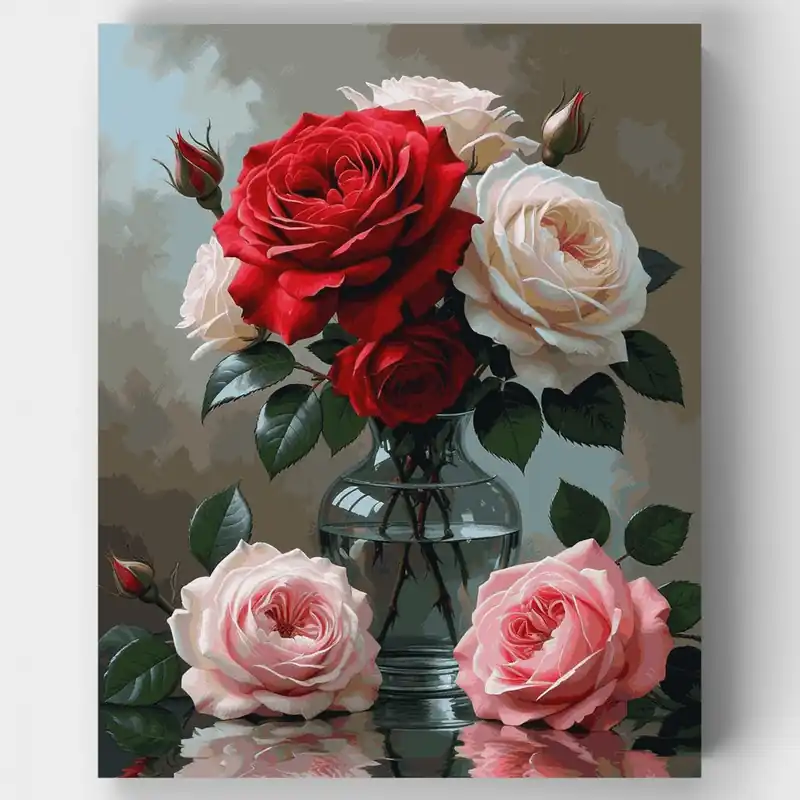 Envío Gratis Rosas Rojas y Rosadas en Jarrón de Cristal - Kit de pintar por números - Lienzo Enrollado / 24 Colores