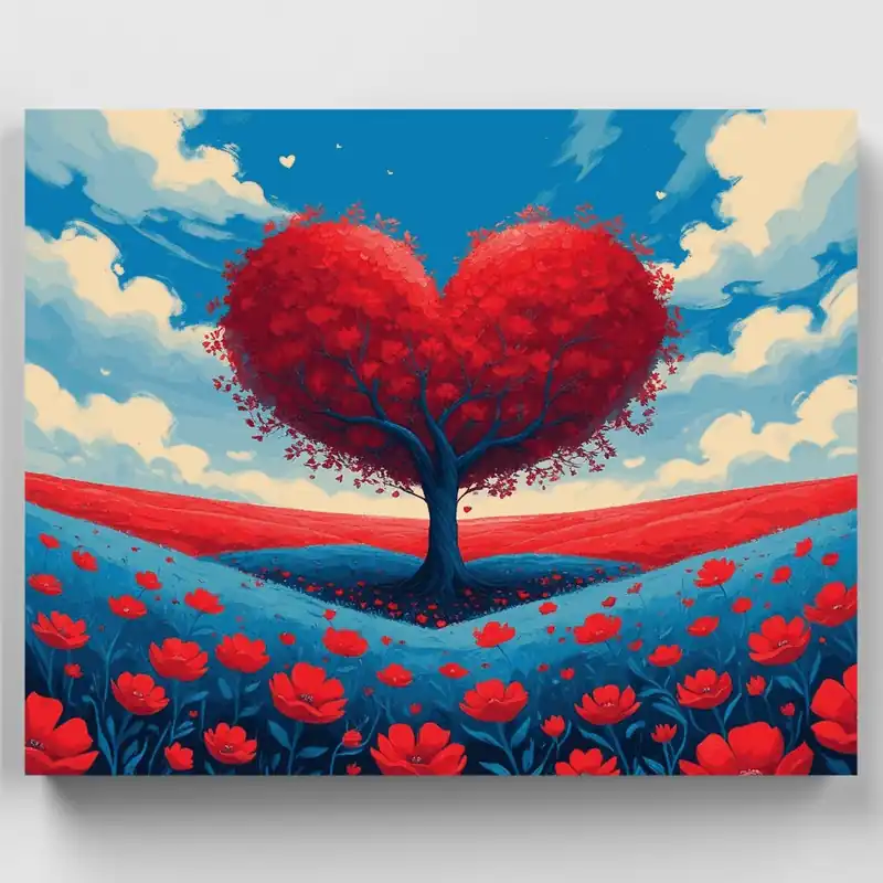 Precio Rebajado Árbol en Forma de Corazón con Flores Rojas - Kit de pintar por números - Lienzo Enrollado / 24 Colores