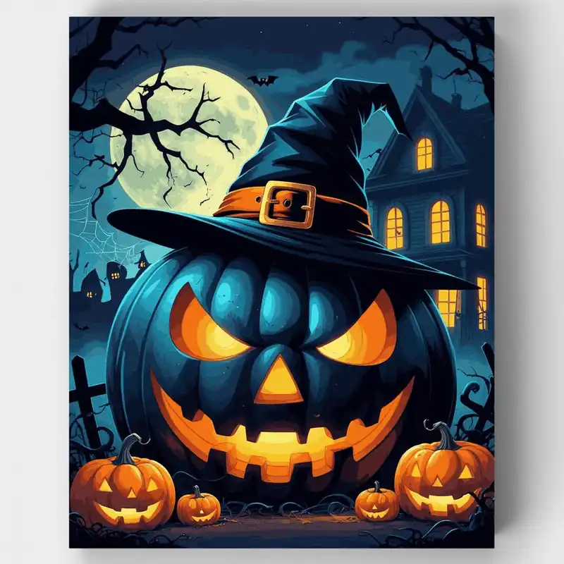 Escena de Halloween Sombrero de Bruja Jack-o'-Lantern - Kit de pintar por números - Lienzo Enrollado / 24 Colores Auténtico
